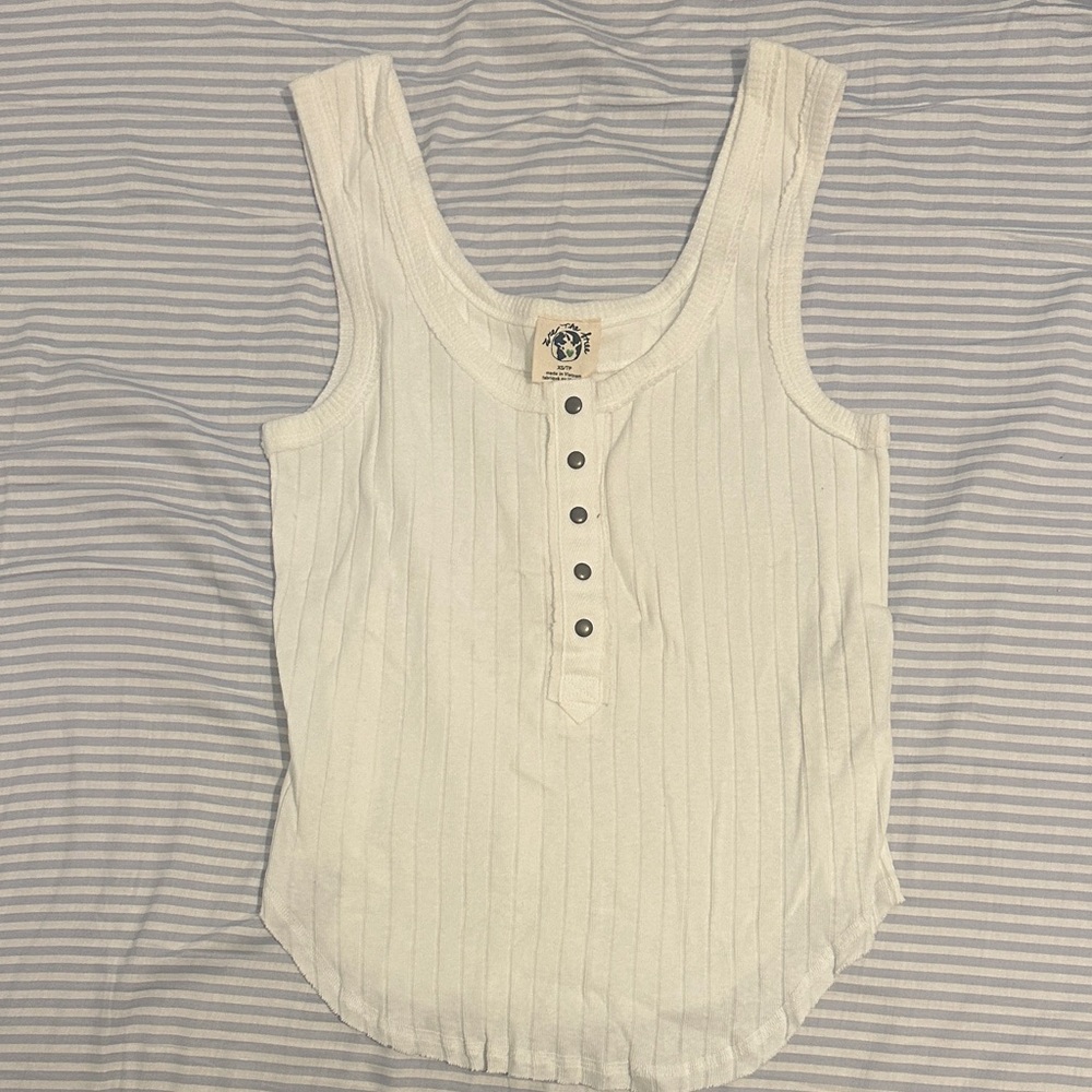 Free People White Ribbed Henley Tank Top